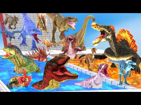 Dinosaurs Race Through Mystical Boxes Falling Down the Stairs into Lava Path - Animal Revolt Battle