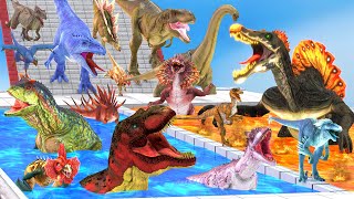 Dinosaurs Race Through Mystical Boxes Falling Down the Stairs into Lava Path - Animal Revolt Battle