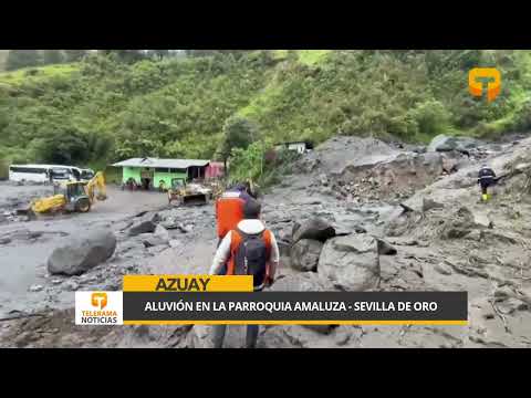 Aluvión en Amaluza, Sevilla de Oro - Azuay, afecta vías y propiedades por desbordamiento del río Curiacu.