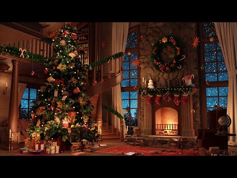 Snowy Christmas Ambience  with Instrumental Christmas Music & Crackling Fireplace