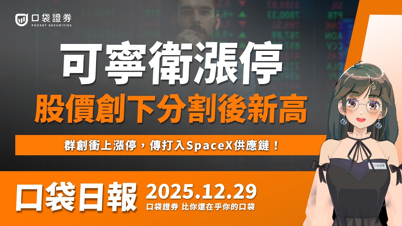 【口袋日報】群創衝上漲停,傳打入SpaceX供應鏈!可寧衛強勢漲停,創下分割後新高!2025.12.29