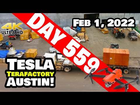 Tesla Gigafactory Austin 4K  Day 559 - 2/1/22 - BATTERY ASSEMBLY AREA GETS DELIVERIES AT GIGA TEXAS!