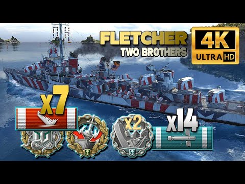 Destroyer Fletcher on map Two Brothers, 7 ships destroyed - World of Warships