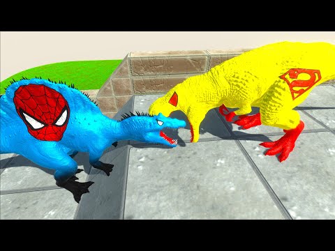 SUPERMAN T-REX vs IRONMAN T-REX vs SPIDERMAN SPINOSAURUS DEATH FALL - Animal Revolt Battle Simulator