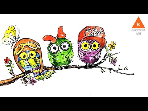 How To Draw Owls II Three owls on the branch