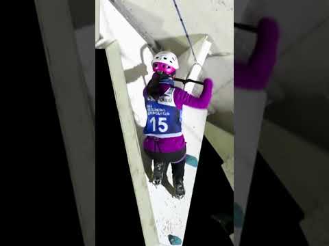 Jaw dropping move! she uses her mouth to reposition the axe mid-climb  ⛏️⛏️ #UIAAIceClimbing