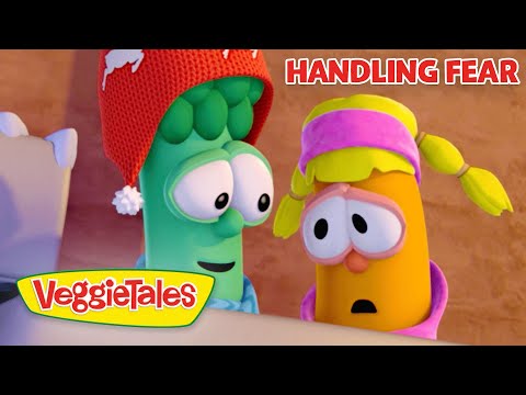 Cartoon broccoli and carrot characters from VeggieTales, looking worried with 'Handling Fear' title visible.