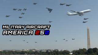 Military aircraft fly over Washington D.C. for the big 250th birthday of USA, with various displays