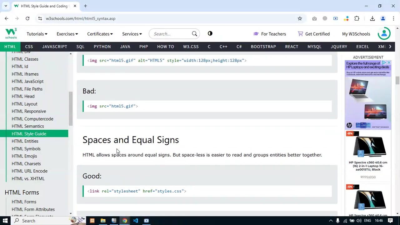W3Schools HTML Tutorial 22 | HTML Syntax | HTML Style Guide