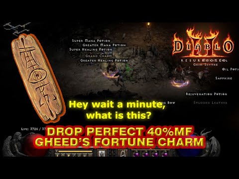Drop highlight perfect Gheed's Fortune Charm 40%MF Diablo 2 Ressurect
