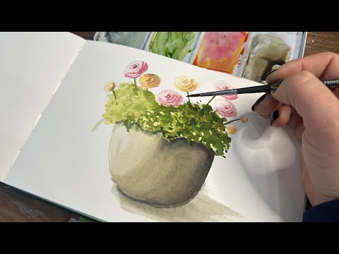 Watercolor Journal Day 194 (Potted Ranunculus Flowers)