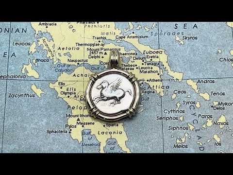 Genuine Ancient Greek Pegasus and Athena Silver Stater Coin in Gold Jewelry Pendant