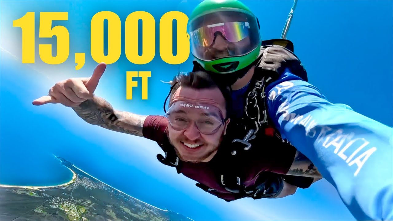 An adventurer experiences tandem skydiving over Byron Bay.