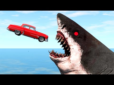 Cars Jumping into Mouth of Scary Sharks | Random Vehicles Total Destruction Beamng Drive Fun Madness
