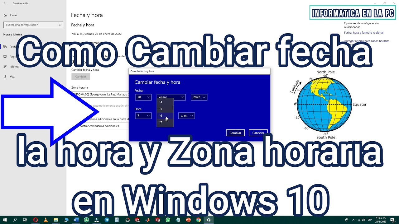Como cambiar y programar la HORA, la FECHA y la ZONA HORARIA  en Windows 10 según Ubicación del país