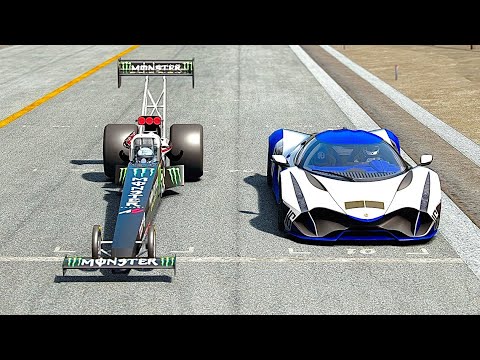 Devel Sixteen 2023 Model vs Top Fuel Dragster at Special Stage Route X