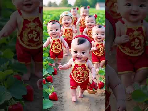 A group of cute little cute babies pick strawberries. Cute babies. Super cute babies. Multiple t