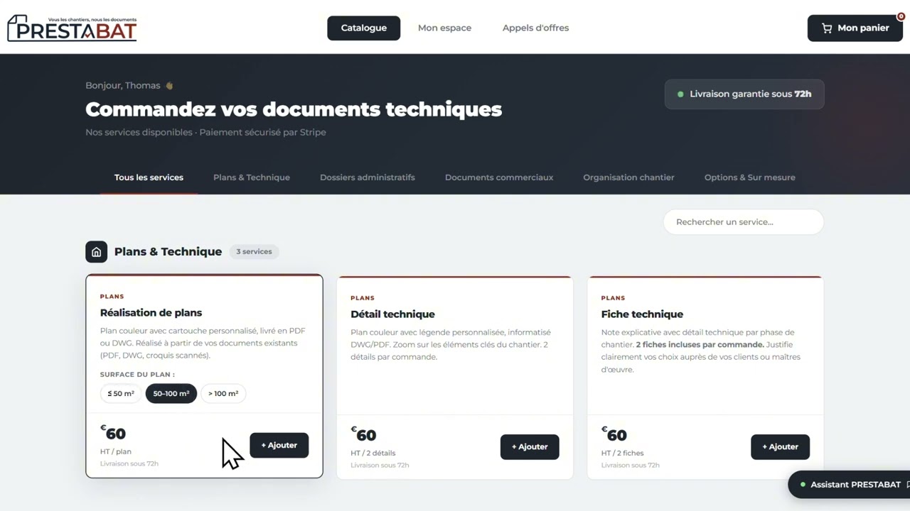 Aperçu du catalogue de l'espace client PRESTABAT