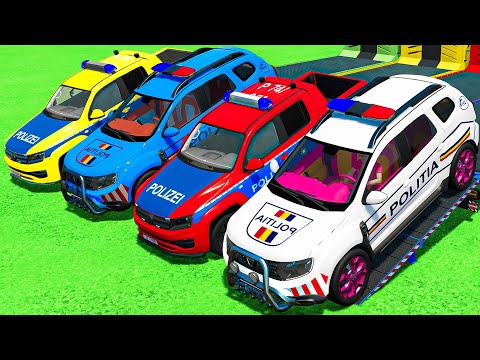 POLICE CARS OF COLORS ! TRANSPORTING VOLKSWAGEN & DACIA DUSTER POLICE CARS WITH COLORS TRUCKS ! FS22
