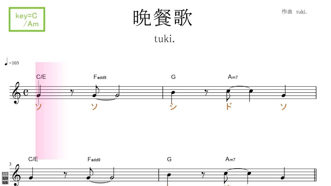 晩餐歌（tuki.）key=C/Am／ドレミで歌う楽譜【コード付き】