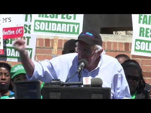 Union members walked picket lines Wednesday at University of California campuses and hospitals in a one-day strike. Sen. Bernie Sanders, who is again running for president, addressed strikers at the University of California, Los Angeles. (March 20)