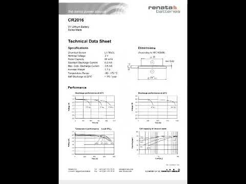 Renata CR 2016 3V Lithium Battery