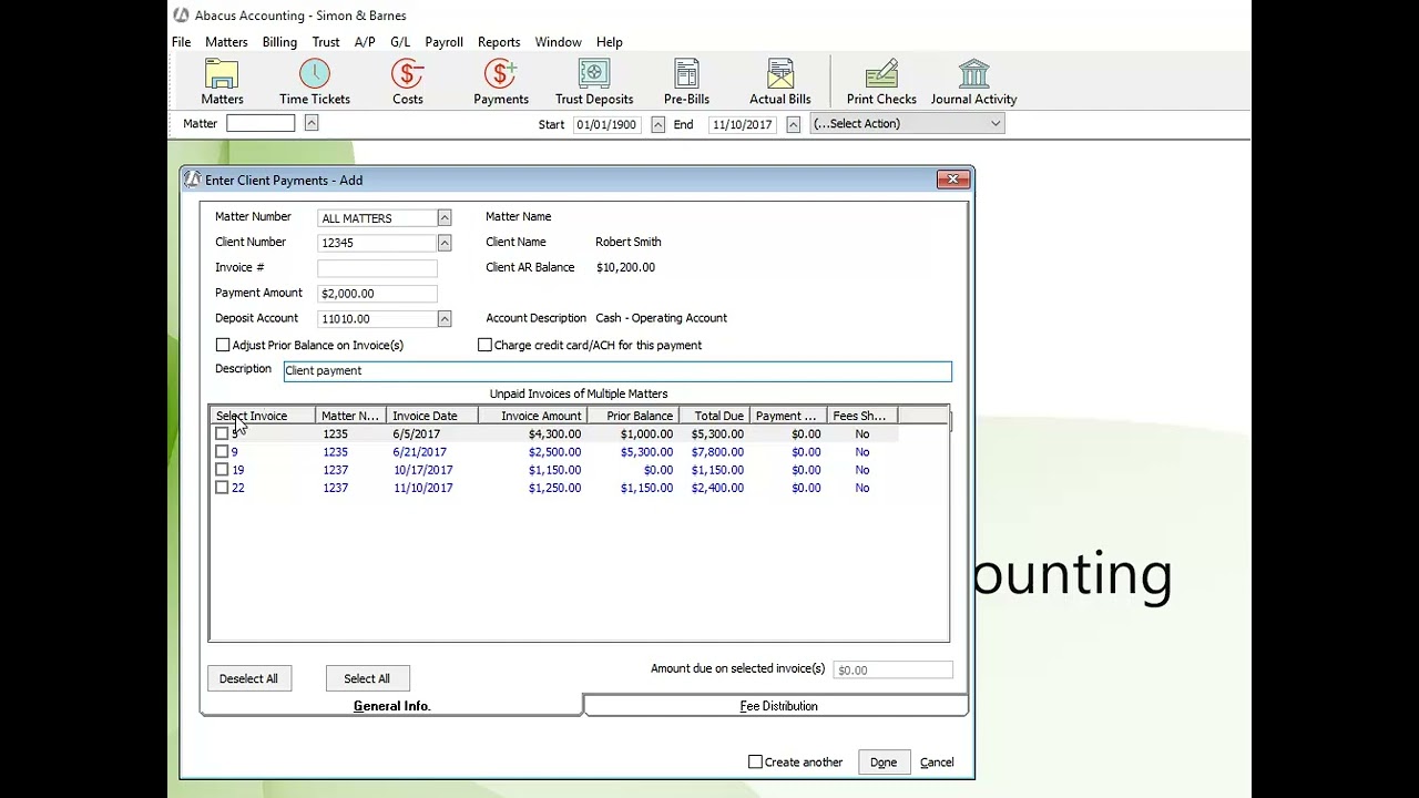 How to add Client Payments by Client in AbacusLaw Accounting