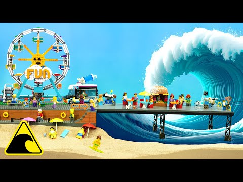 Lego Pier Hit by Tsunami - Dam Breach Flood Experiment - Natural Disaster