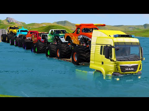 Quad Flatbed Long Trailer Monster Trucks Transport Car Rescue - Cars vs Deep Water - BeamNG.drive