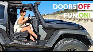 Jeep Wrangler Doors Off Beach Fun, offroading in Bribie Island Australia Jeep Girl