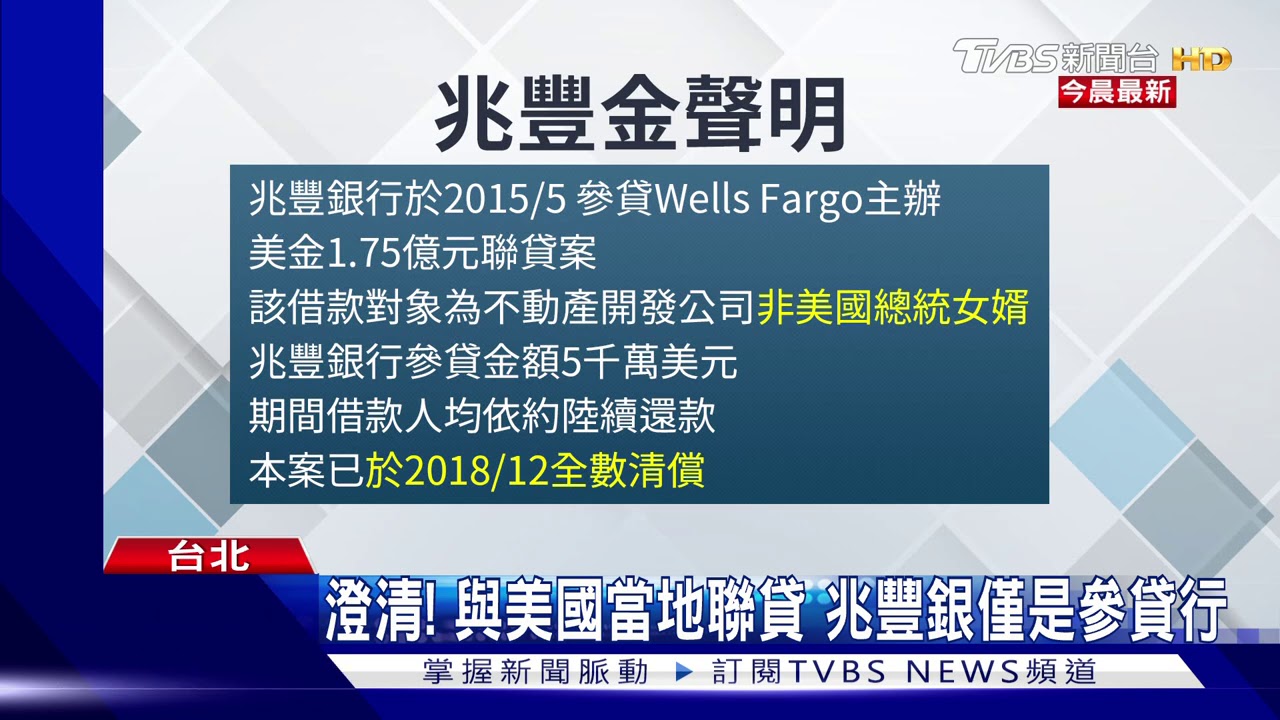 川普女婿曾借貸14.5億 兆豐銀澄清已還清
