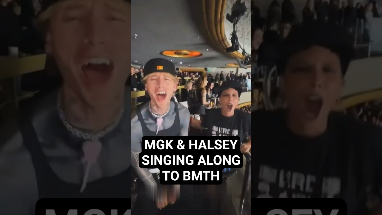 mgk & Halsey singing along to Bring Me the Horizon at their LA concert! Btw where's Oli Sykes' hair?