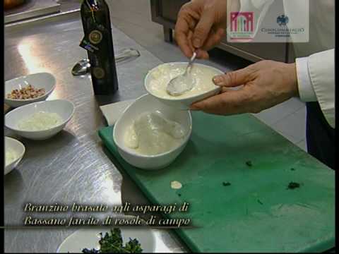 Branzino brasato agli asparagi di Bassano farcito di rosole di campo