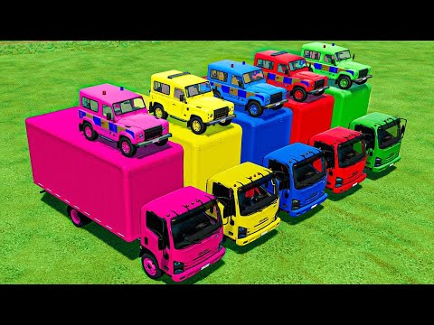 TRANSPORTING LAND ROVER DEFENDER POLICE CARS WITH COLOR ISUZU TRUCKS! Farming Simulator 22