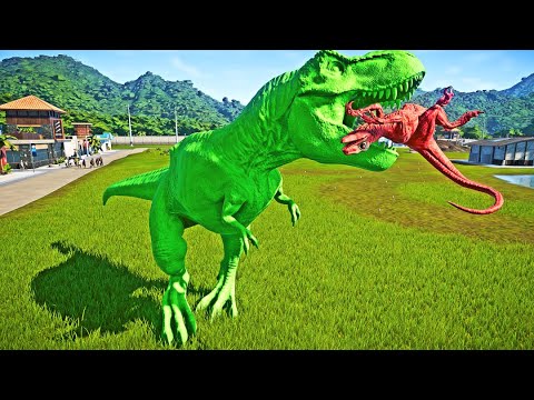 Green T-rex VS Indominus Rex VS Green Spinosaurus-Dinosaurs Fight - Jurassic World Evolution