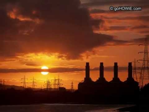 Sunset behind the power station on the River Dee