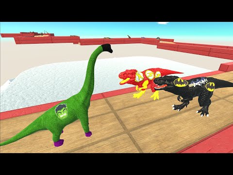 Batman T-Rex and Flash T-Rex vs Hulk Brachiosaurus DEATH RUN | Animal Revolt Battle Simulator