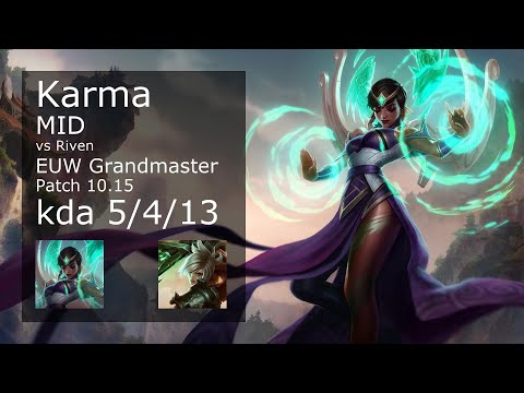 Karma Mid vs Riven - EUW Grandmaster 5/4/13 Patch 10.15 Gameplay