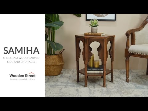 Samiha Sheesham Wood Carved Side and End Table(Teak Finish)