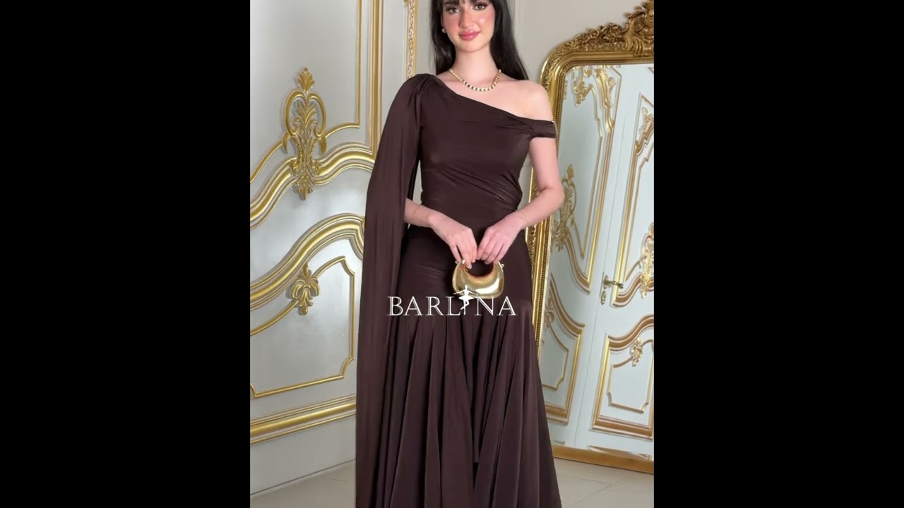 فستان بني داكن ون شولدر بوشاح منسدل - XL