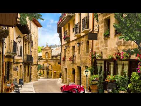 Spain Outdoor Coffee Shop Ambience - Elegant Morning Jazz Cafe Old Streets of Labastida, Spain