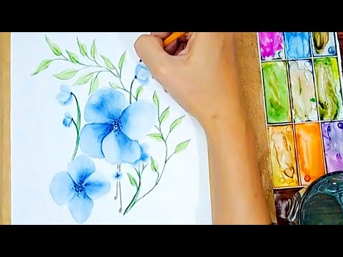 Minutes with watercolor , watching watercolor blue flowers
