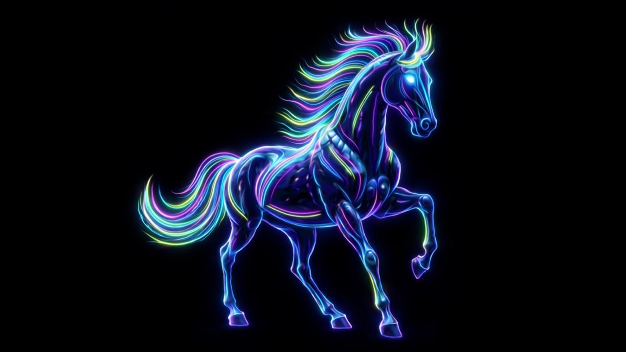 HOLOGRAM 3D NEON: Horse. Black background 