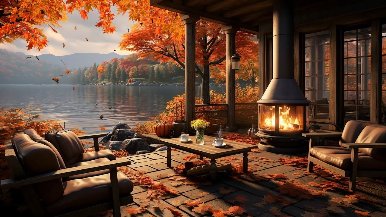 Cozy Autumn Coffee Shop Ambience 🍂 Warm Jazz Instrumental Music & Crackling Fireplace for Relaxing