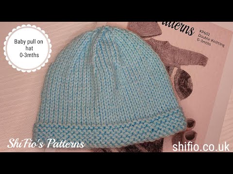 Free baby pull on hat, 0-3mths, double knitting/light worsted, full tutorial