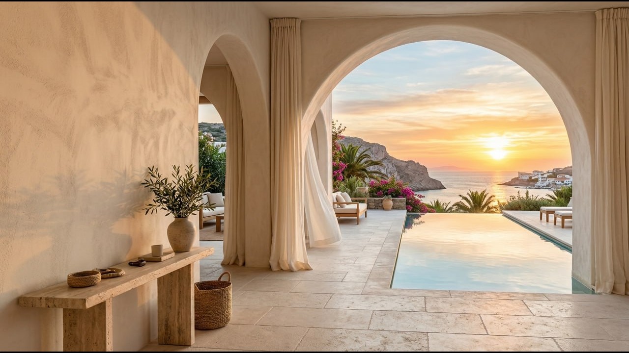 Open-Air Luxury Villa Foyer Tour in 4K | Mediterranean Coastal Modern Entrance Walkthrough