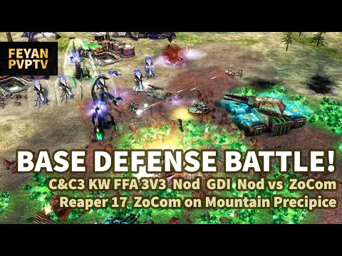 BASE DEFENSE BATTLE! 3v3 Nod GDI Nod vs ZoCom Reaper17 ZoCom on Mountain Precipice C&C3 Kane's Wrath