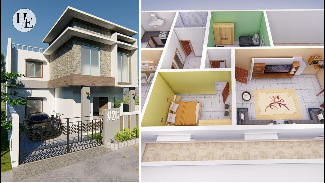 3D House Plan with Three Bedrooms | Kitchen and Guest Living | HADI Engineering