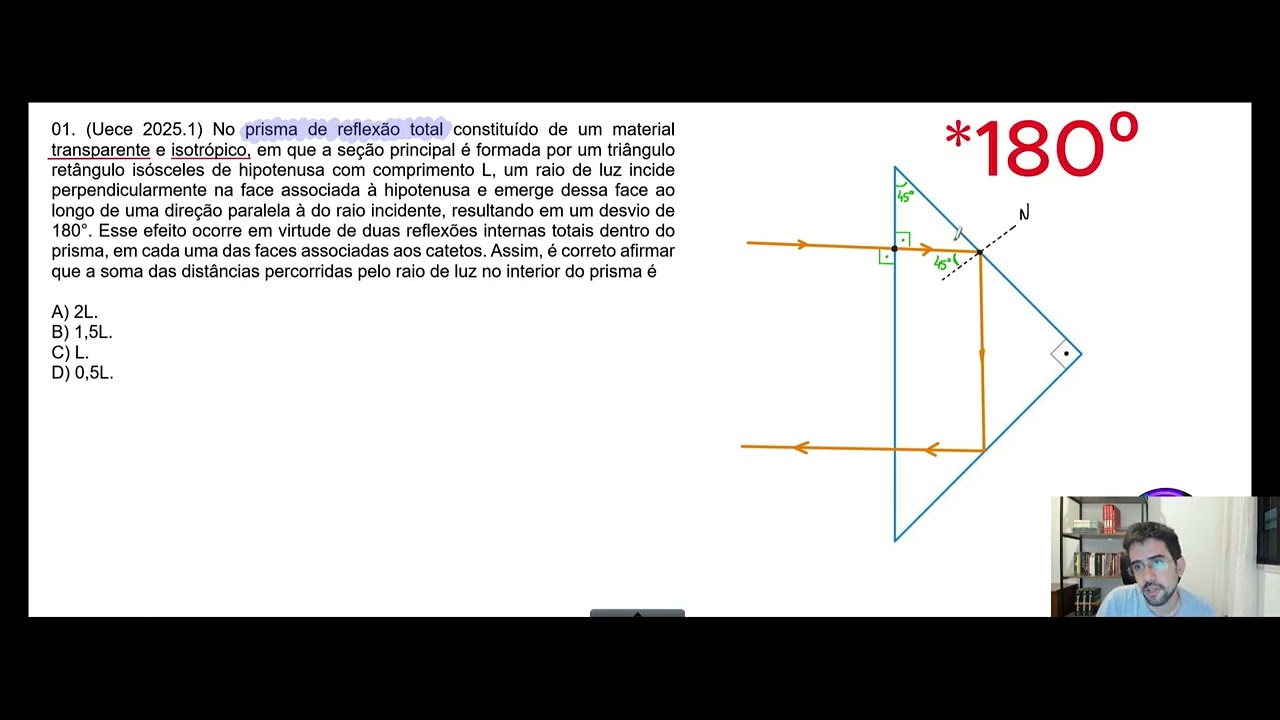 (Uece 2025.1) No prisma de reflexão total constituído de um material transparente e isotrópico,
