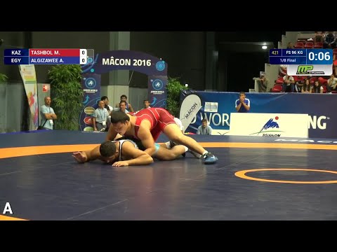 1/8 FS - 96 kg: M. TASHBOL (KAZ) df. A. ALGIZAWEE (EGY) by TF, 10-0